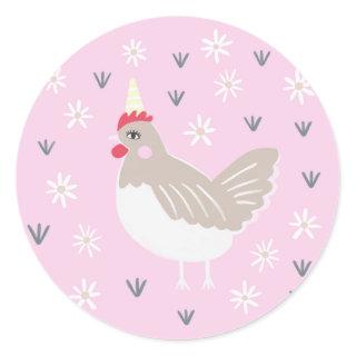 Rustic Pink Vintage Farm Chicken Illustration  Classic Round Sticker