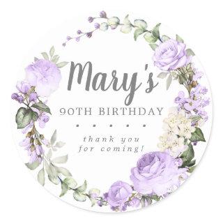 Rustic Purple Floral 90th Birthday Thank You Classic Round Sticker