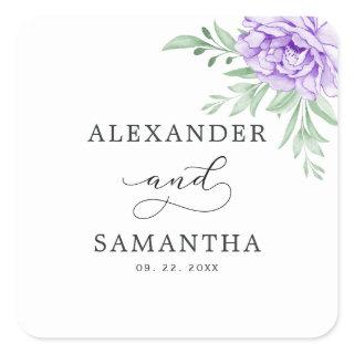 Rustic Purple Rose Floral Eucalyptus Boho Wedding Square Sticker