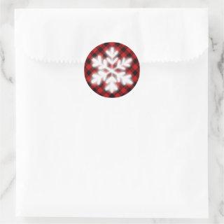 Rustic red and black plaid, winter snow flake    classic round sticker
