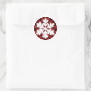 Rustic red and black plaid, winter snow flake    classic round sticker