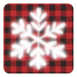 Rustic red and black plaid, winter snow flake    square sticker