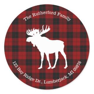 Rustic Red Black Buffalo Plaid | Moose Address Classic Round Sticker