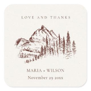Rustic Rust Pine Woods Mountain Sketch Wedding Square Sticker