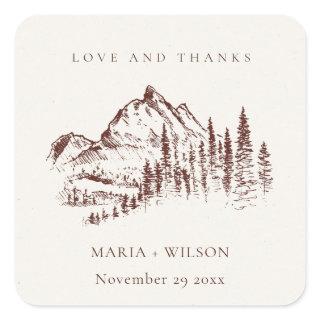 Rustic Rust Pine Woods Mountain Sketch Wedding Square Sticker