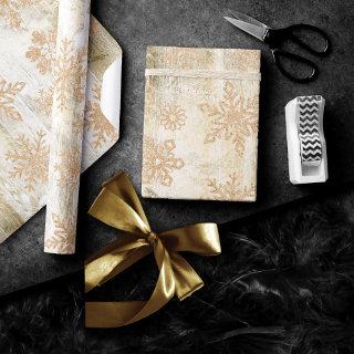 Rustic Snowflakes | Gold Grunge White Wood Planks
