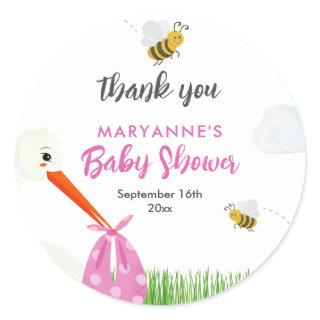 Rustic Stork with Bee & Butterfly Girl Baby Shower Classic Round Sticker