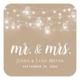 Rustic String Lights Mr. and Mrs. Wedding Monogram Square Sticker
