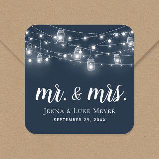 Rustic String Lights Mr. and Mrs. Wedding Monogram Square Sticker