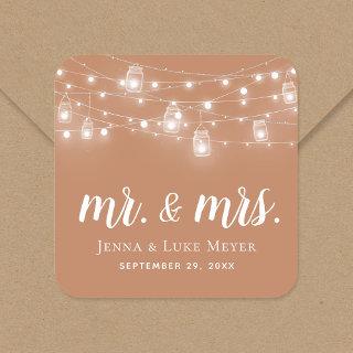 Rustic String Lights Mr. and Mrs. Wedding Monogram Square Sticker