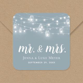 Rustic String Lights Mr. and Mrs. Wedding Monogram Square Sticker