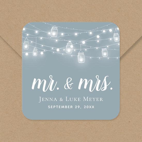 Rustic String Lights Mr. and Mrs. Wedding Monogram Square Sticker