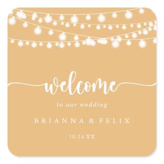Rustic String Lights Yellow Wedding Welcome   Square Sticker