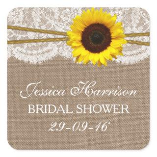 Rustic Sunflower, Burlap & Lace Bridal Shower Square Sticker
