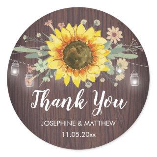 Rustic Sunflower Jar Lights Thank You Wedding Classic Round Sticker