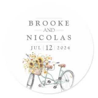 Rustic Sunflower Tandem Bicycle Watercolor Wedding Classic Round Sticker
