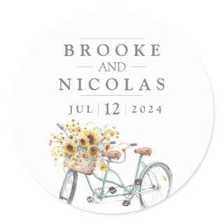 Rustic Sunflower Tandem Bicycle Watercolor Wedding Classic Round Sticker