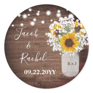Rustic Sunflowers String Lights Monogram Wedding Classic Round Sticker