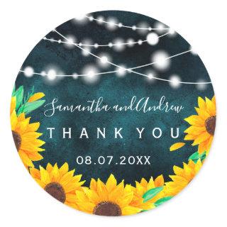 Rustic teal string lights sunflower Thank you Classic Round Sticker
