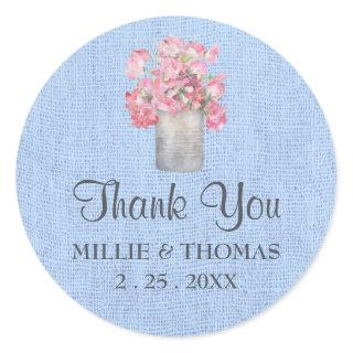 Rustic Tin Can Floral Serenity Blue Burlap Wedding Classic Round Sticker