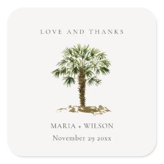 Rustic Tropical Beach Palm Tree Wedding Thanks Square Sticker