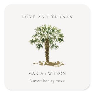 Rustic Tropical Beach Palm Tree Wedding Thanks Square Sticker