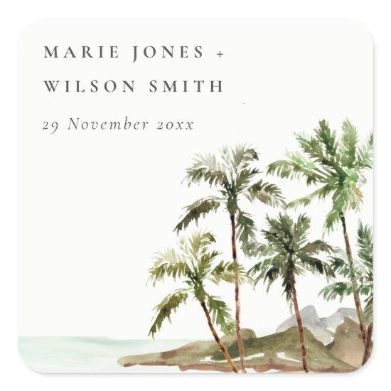 Rustic Tropical Palm Trees Beach Sand Wedding Square Sticker