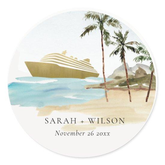 Rustic Tropical Seascape Beach Cruise Palm Wedding Classic Round Sticker