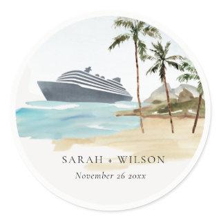 Rustic Tropical Seascape Beach Cruise Palm Wedding Classic Round Sticker