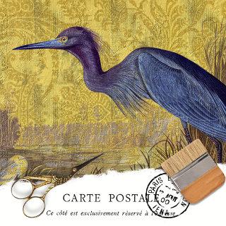 Rustic Vintage Blue Heron Gold Floral Decoupage Tissue Paper