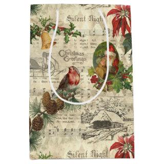 Rustic Vintage Christmas Music Floral Ephemera Medium Gift Bag