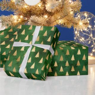 Rustic vintage green gold Christmas trees pattern