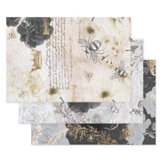 Rustic Vintage Honey Bees & Floral Roses Decoupage  Sheets