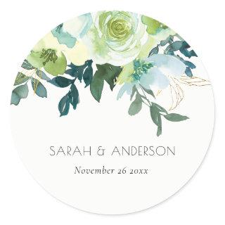 Rustic Watercolor Blue Green Floral Leafy Wedding Classic Round Sticker