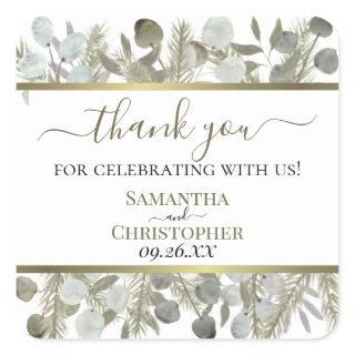 Rustic Watercolor Eucalyptus & Pine Thanks Wedding Square Sticker