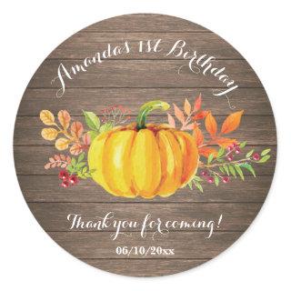Rustic Watercolor Fall Pumpkin Birthday Thank You Classic Round Sticker