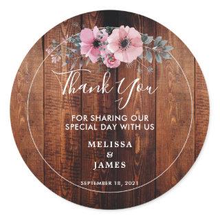 Rustic watercolor flowers wood Wedding Thank You Classic Round Sticker