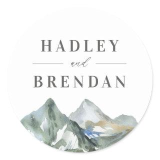 Rustic Watercolor Mountain Forest Wedding Classic Round Sticker