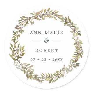 Rustic Watercolor Olive Wreath Wedding Classic Round Sticker