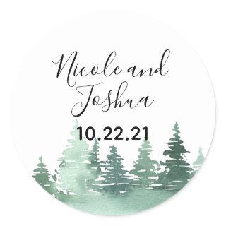 Rustic watercolor pine tree forest wedding classic round sticker