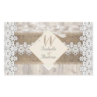 Rustic Wedding Beige White Lace Wood Burlap AB Rectangular Sticker