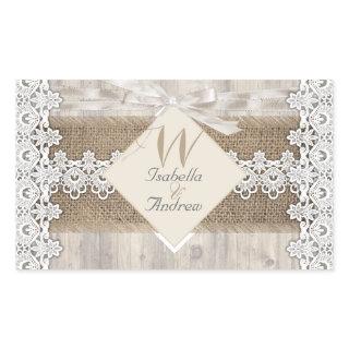 Rustic Wedding Beige White Lace Wood Burlap AB Rectangular Sticker