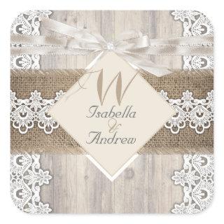 Rustic Wedding Beige White Lace Wood Burlap AB Square Sticker