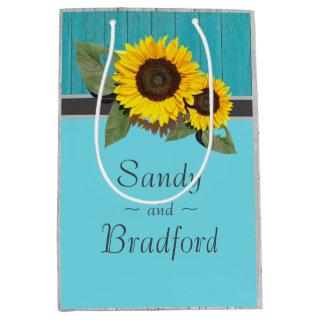 Rustic Wedding Sunflower Teal Wood Gray Stripe Medium Gift Bag