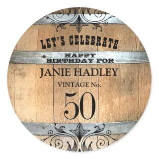 Rustic Whiskey Barrel 50th Birthday Sticker