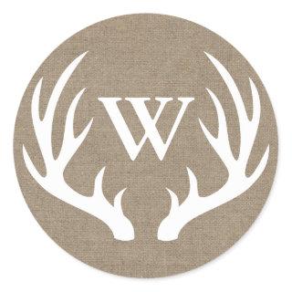 Rustic White Deer Antlers Burlap Initial Letter Classic Round Sticker