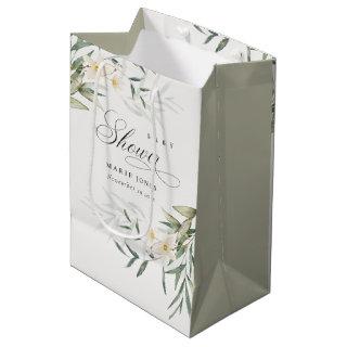 Rustic White Greenery Floral Bunch Baby Shower Medium Gift Bag
