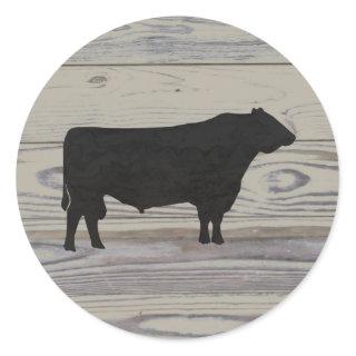 Rustic Wood Angus Bull  Watercolor Silhouette Classic Round Sticker