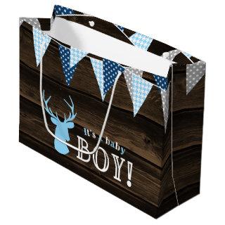Rustic Wood Blue Deer Boy Baby Shower Large Gift Bag