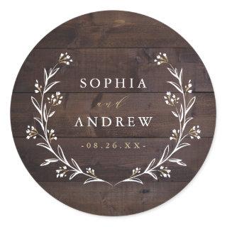 Rustic Wood Boho Floral Country Wedding Favors Classic Round Sticker